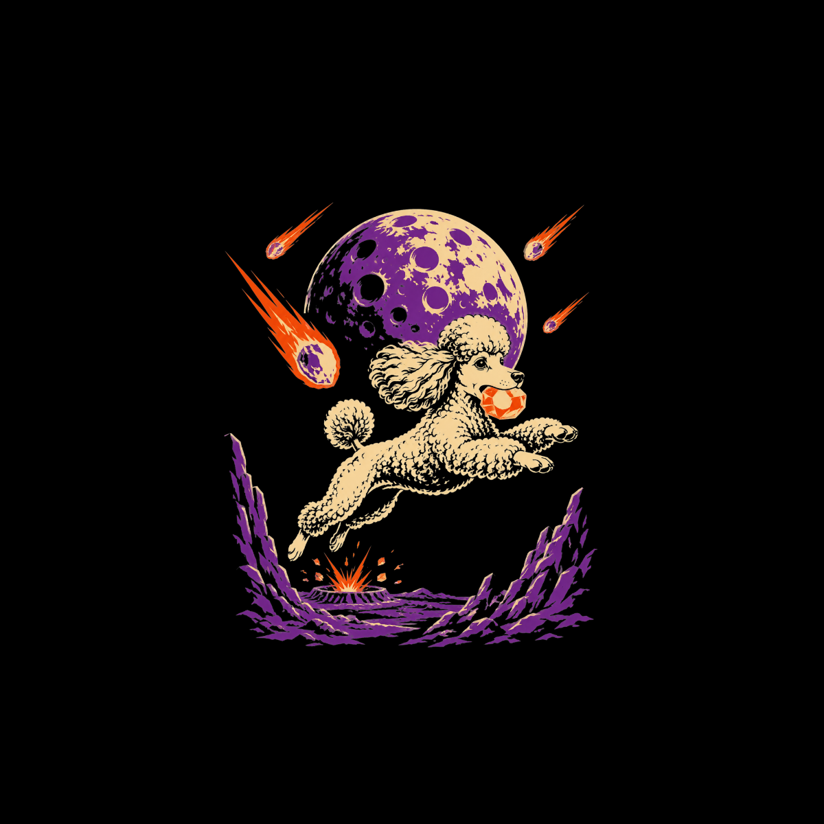 Poodle jumping through space with a ball in its mouth, moon and meteors in background.
