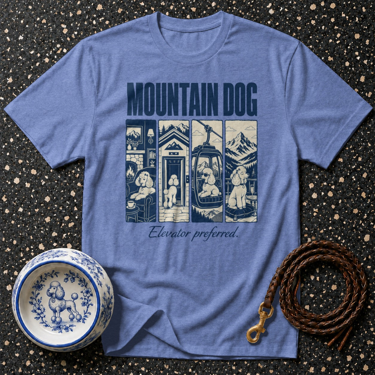 Blue t-shirt with "Mountain Dog" text and four panels of poodles.