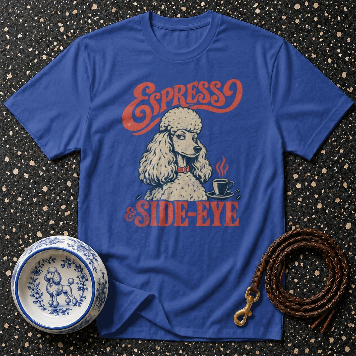 Blue t-shirt with vintage poodle graphic and text "Espresso & Side-Eye".