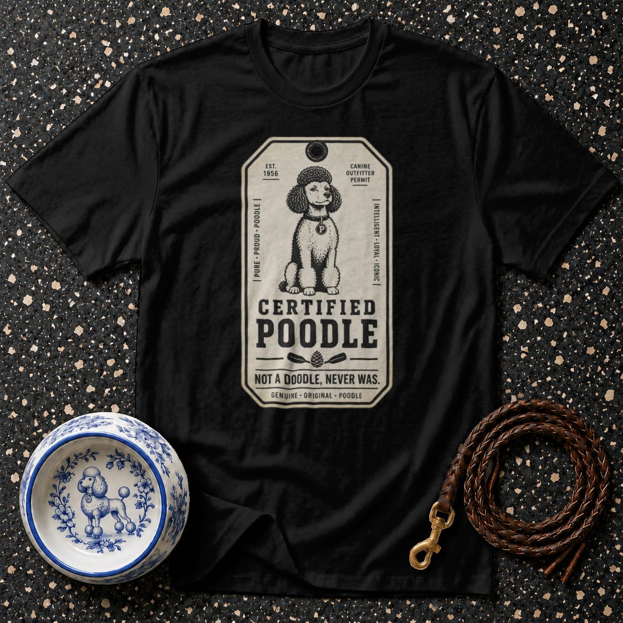 Black t-shirt with "Certified Poodle" tag design featuring a poodle illustration.