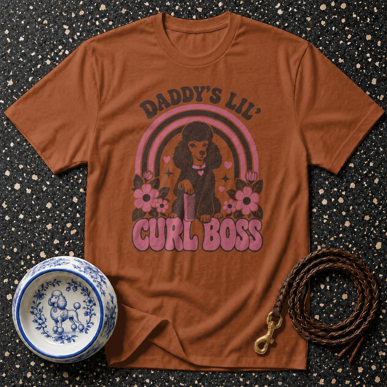 Brown t-shirt with poodle graphic and text "DADDY'S LIL' CURL BOSS".