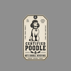 Certified Poodle tag with poodle illustration. Pure, proud. Intelligent, loyal, iconic.