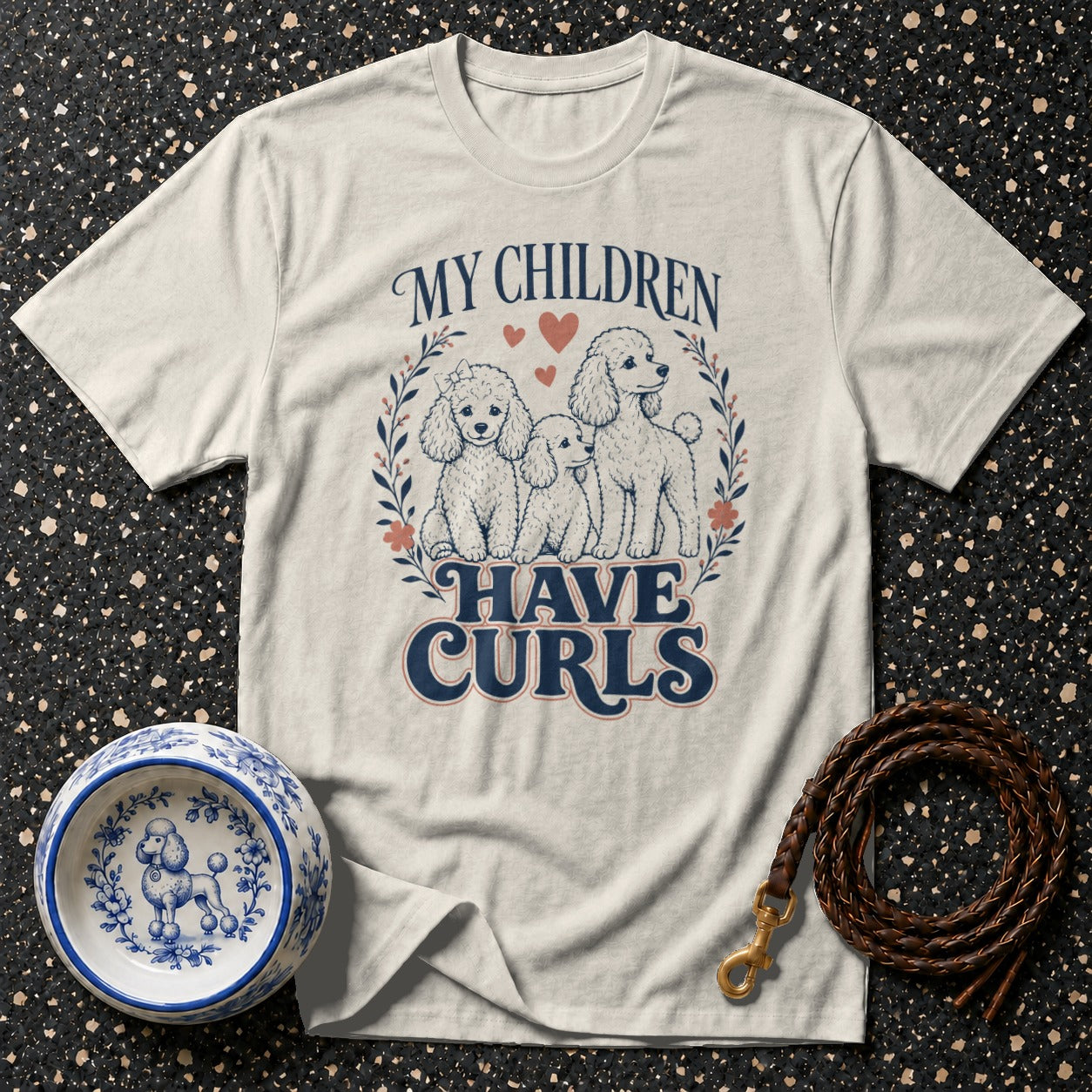 Cream t-shirt with "My Children Have Curls" text and three poodles.