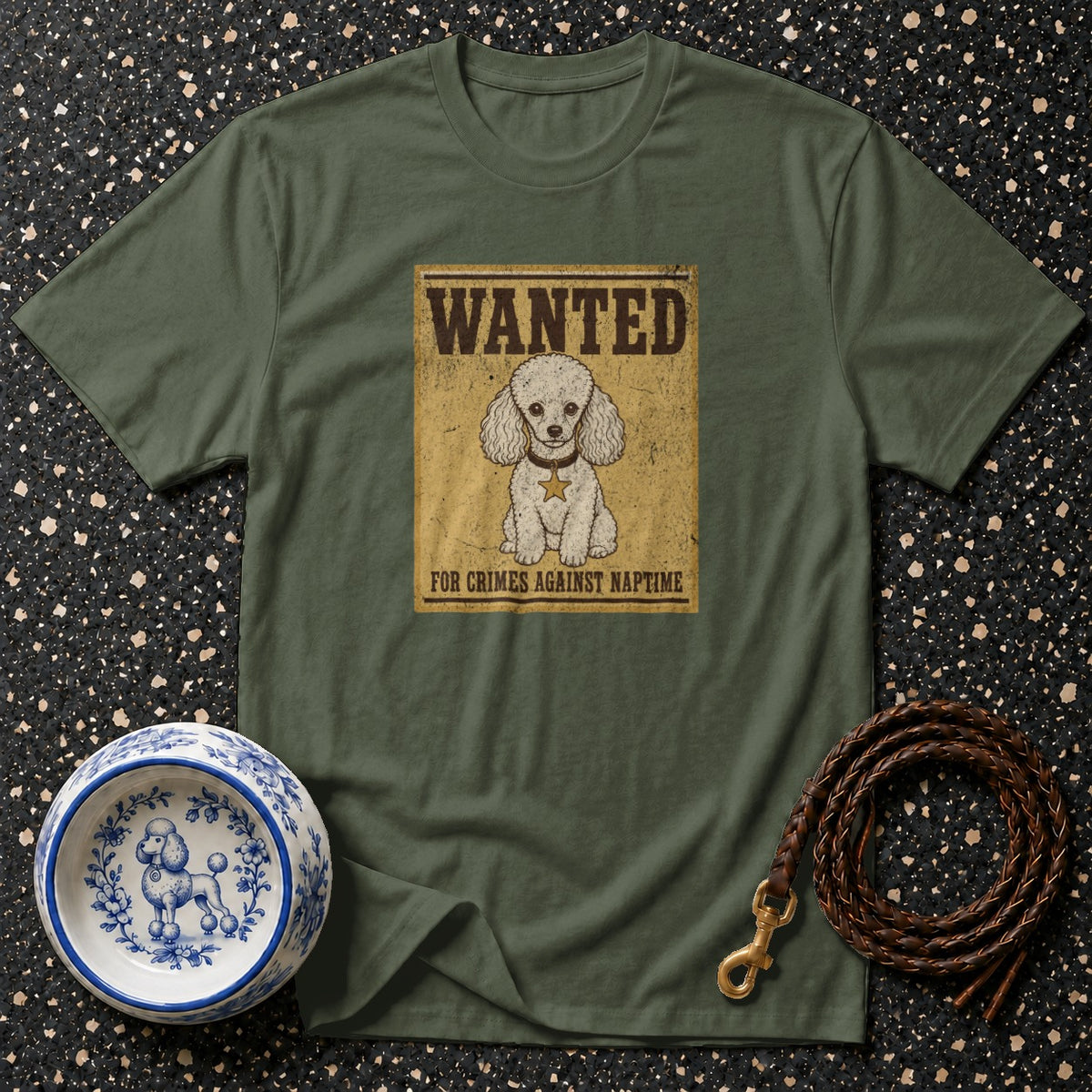 Olive green t-shirt with a wanted poster graphic of a poodle.