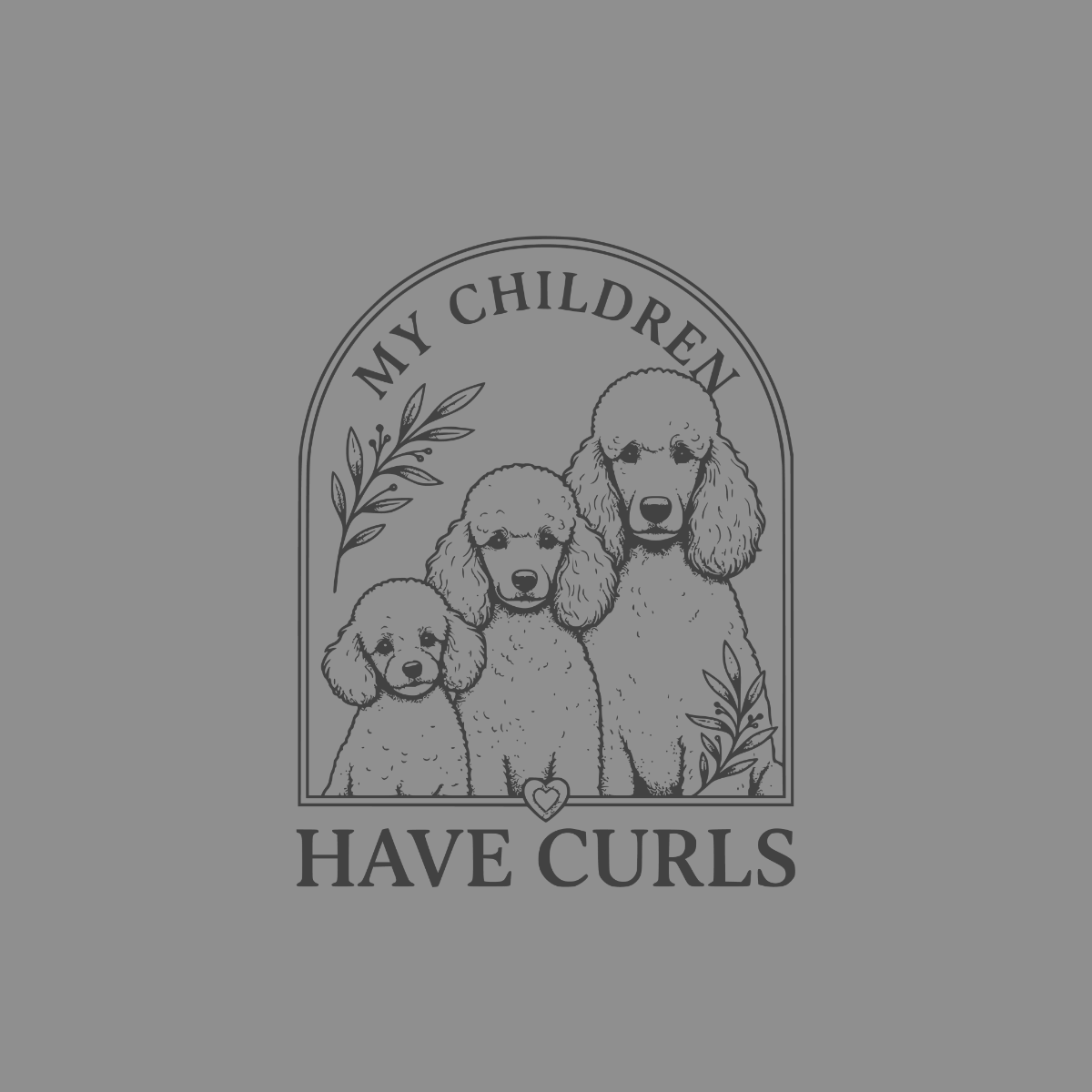 Line art logo of three poodles and text "MY CHILDREN HAVE CURLS".