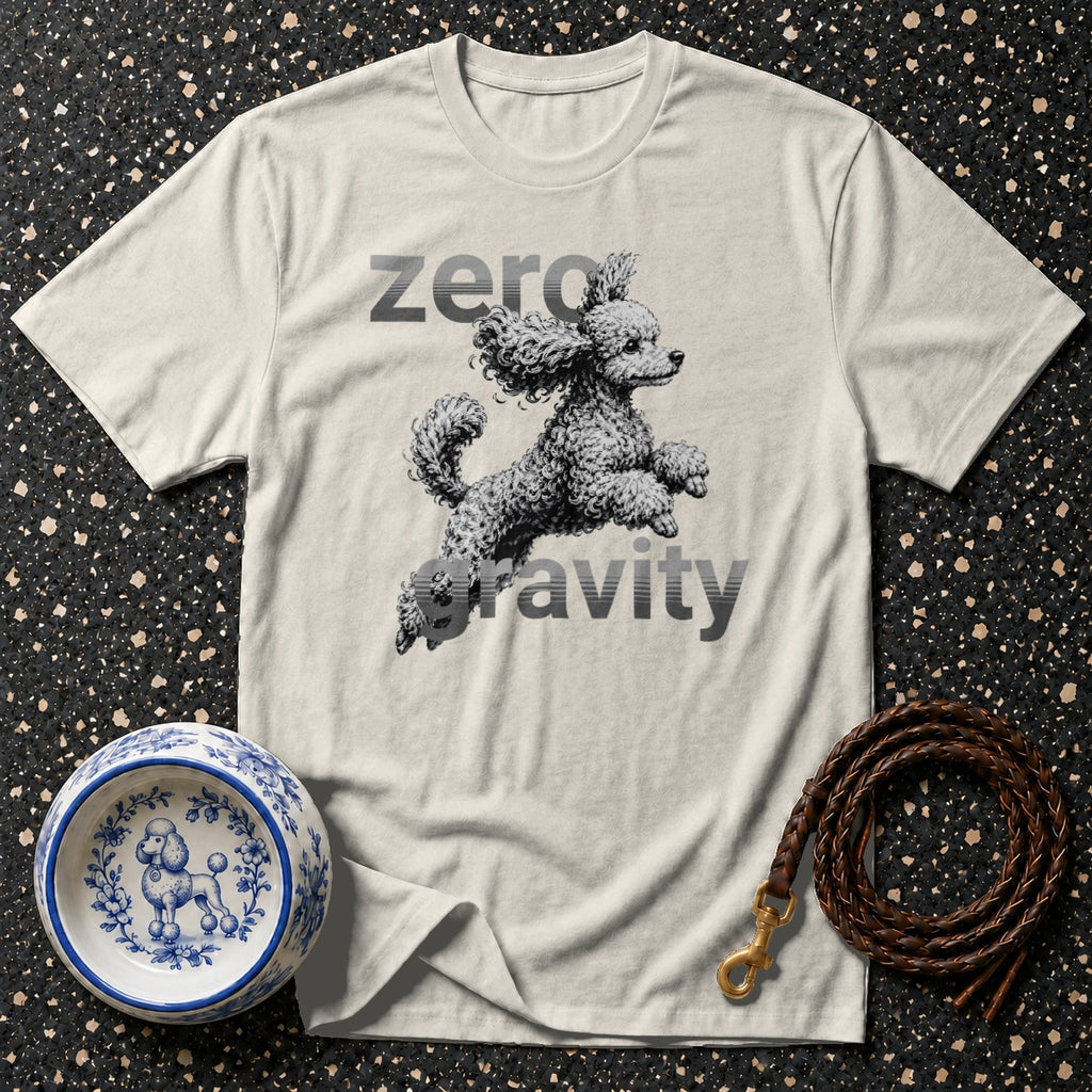 T-shirt with a poodle illustration and text "zero gravity".