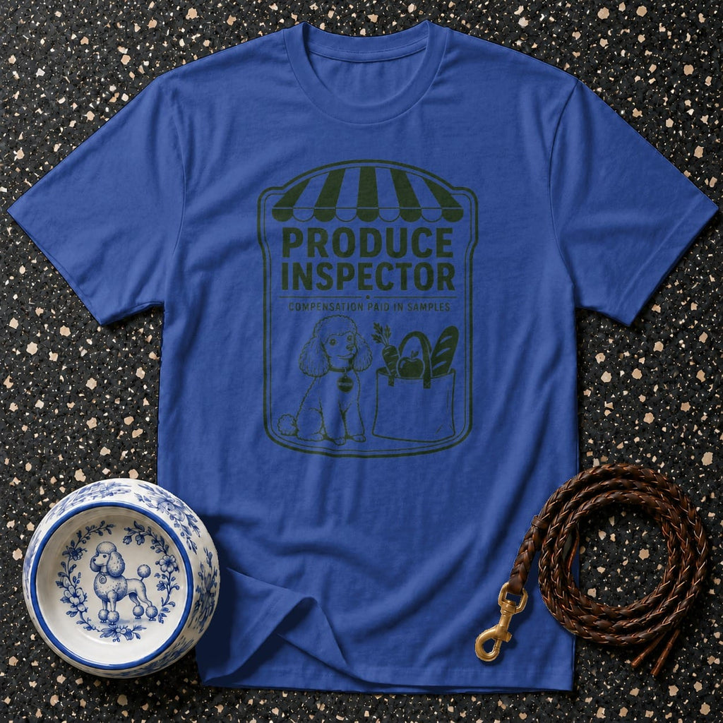Blue t-shirt with green "Produce Inspector" graphic and a poodle.