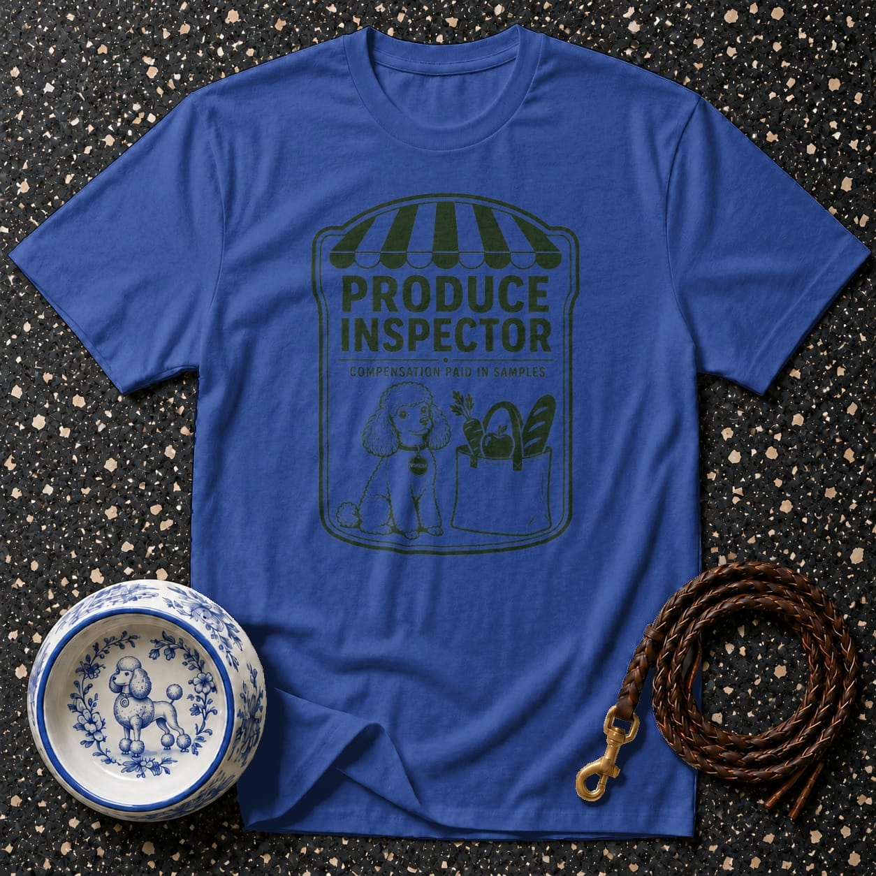 Blue t-shirt with green "Produce Inspector" graphic and a poodle.