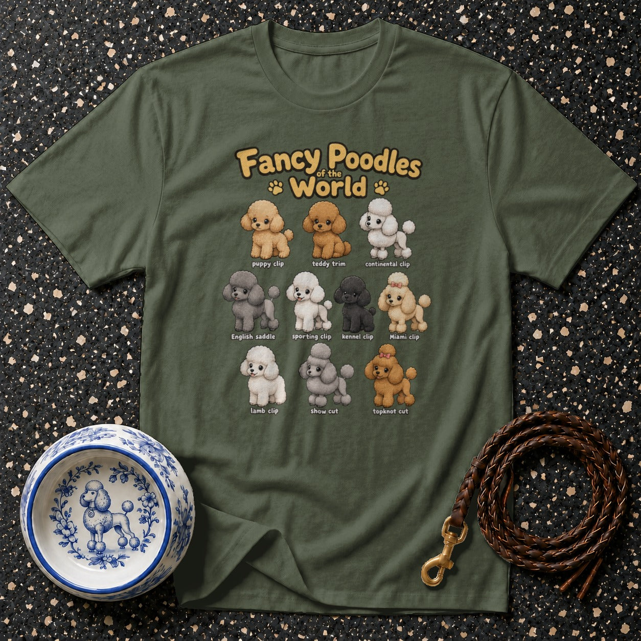 Olive green t-shirt with "Fancy Poodles of the World" and poodle clip illustrations.