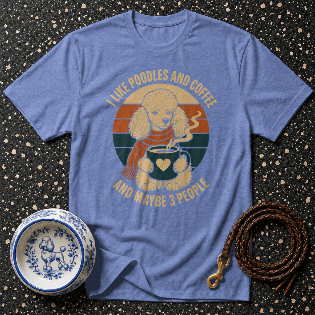 Blue t-shirt with poodle and coffee graphic and text.
