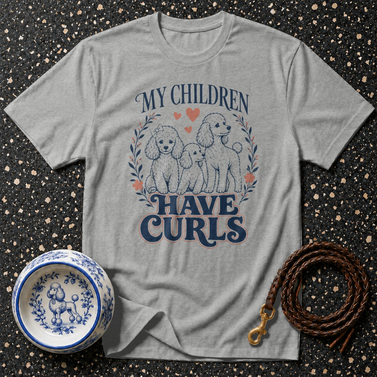 Grey t-shirt with poodles and text "MY CHILDREN HAVE CURLS".