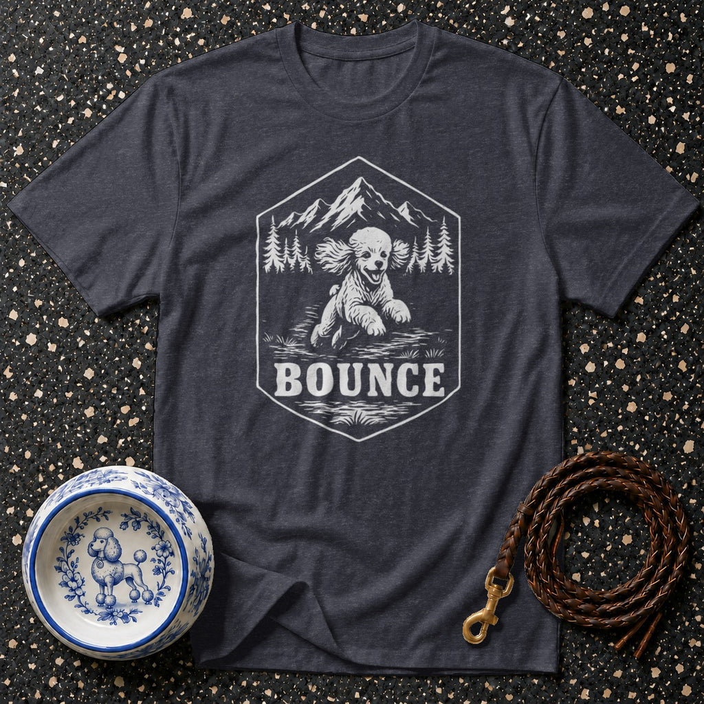 Dark grey t-shirt with a white hexagonal graphic of a running dog, mountains, and trees.