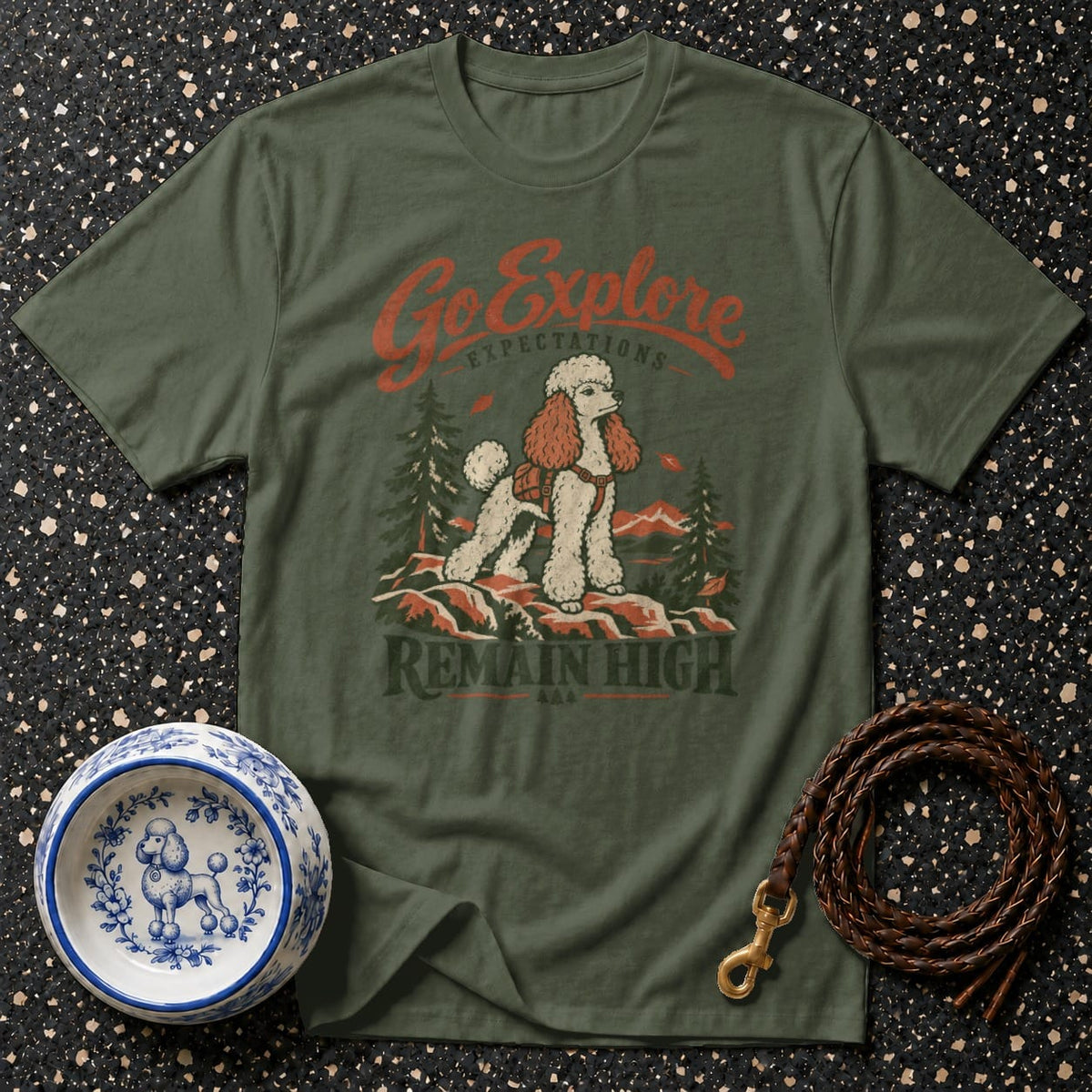 Green t-shirt with a poodle graphic and "Go Explore" text.