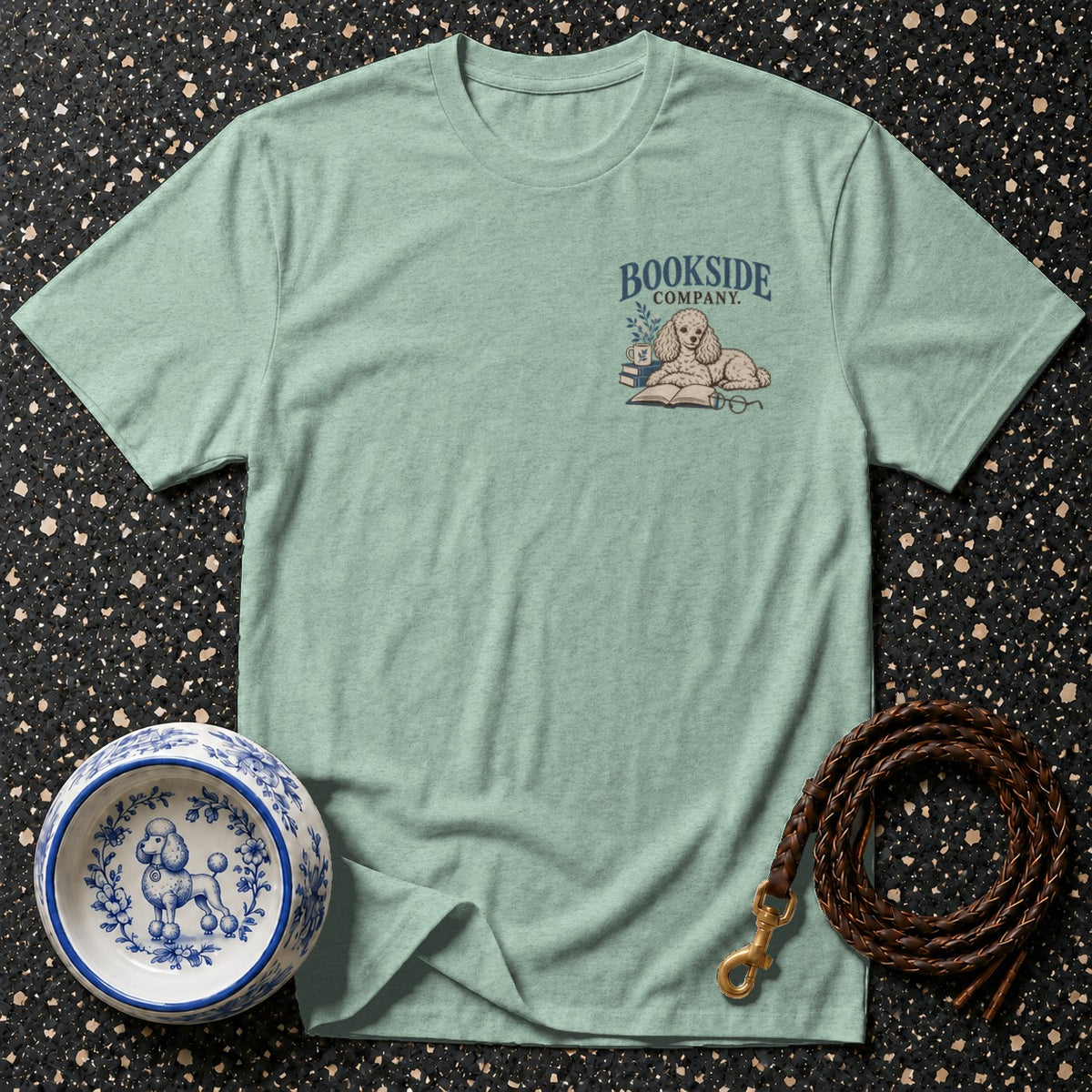 Mint t-shirt with "Bookside Company" logo featuring a poodle, book, and glasses.