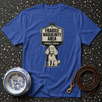 Royal blue t-shirt with graphic of a poodle and "Fragile Masculinity Area - Poodle Ahead" sign.