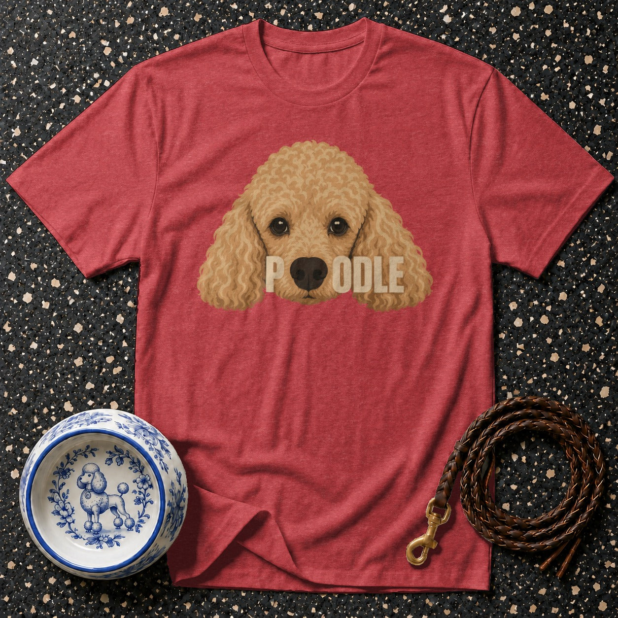 Red t-shirt with a poodle graphic and the word "Poodle".