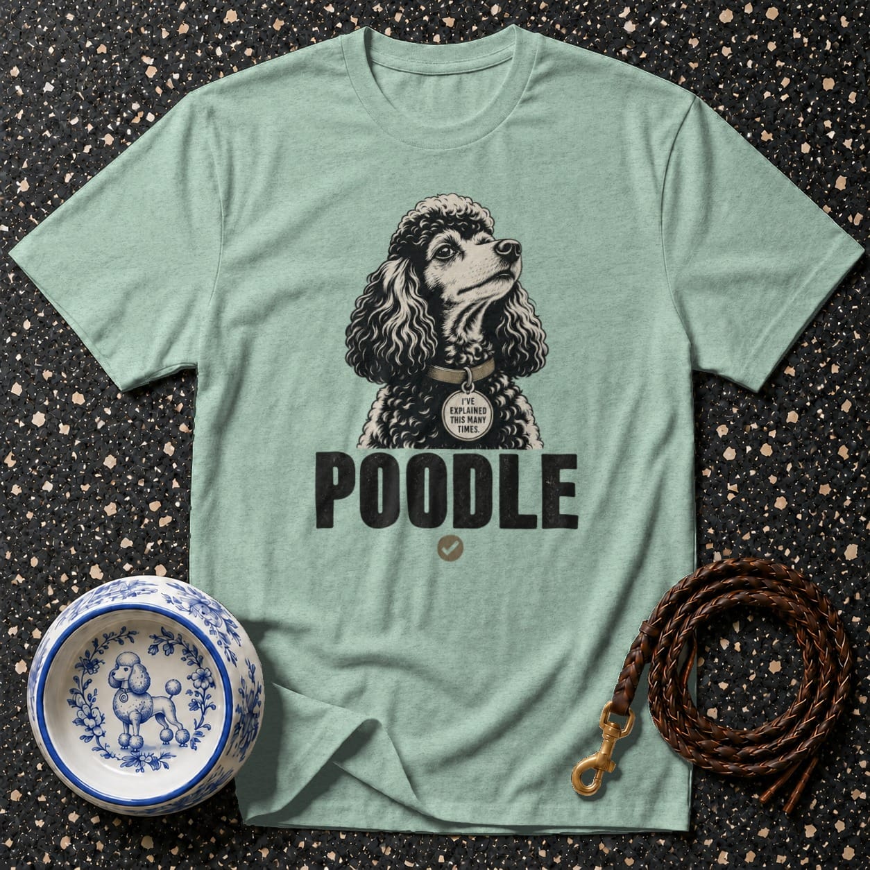 Mint t-shirt with black poodle graphic and text "POODLE".