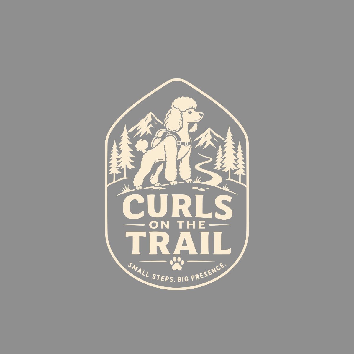 Logo emblem with poodle on a trail, text "Curls on the Trail".