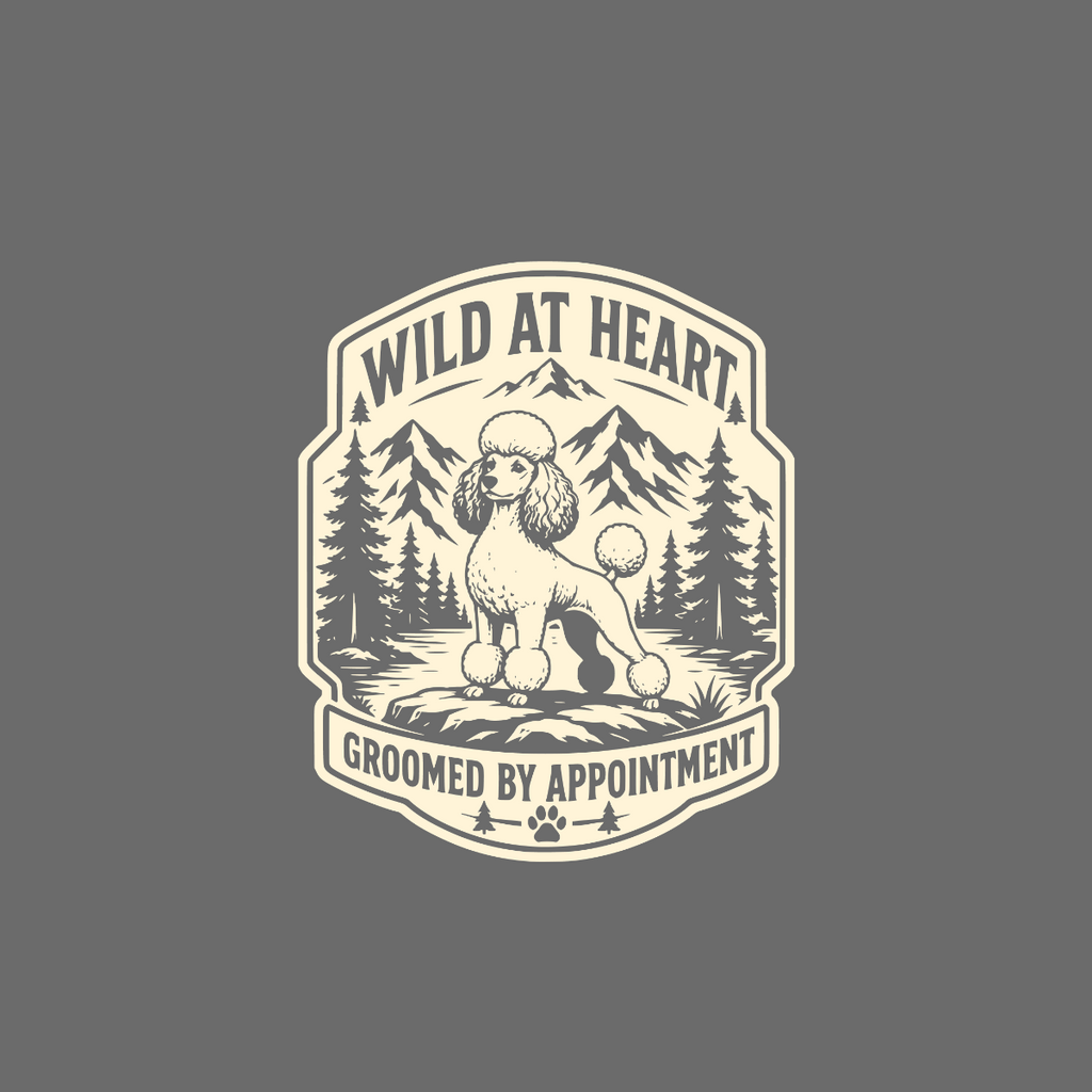 Poodle in scenic mountain landscape, text "Wild at Heart Groomed by Appointment".
