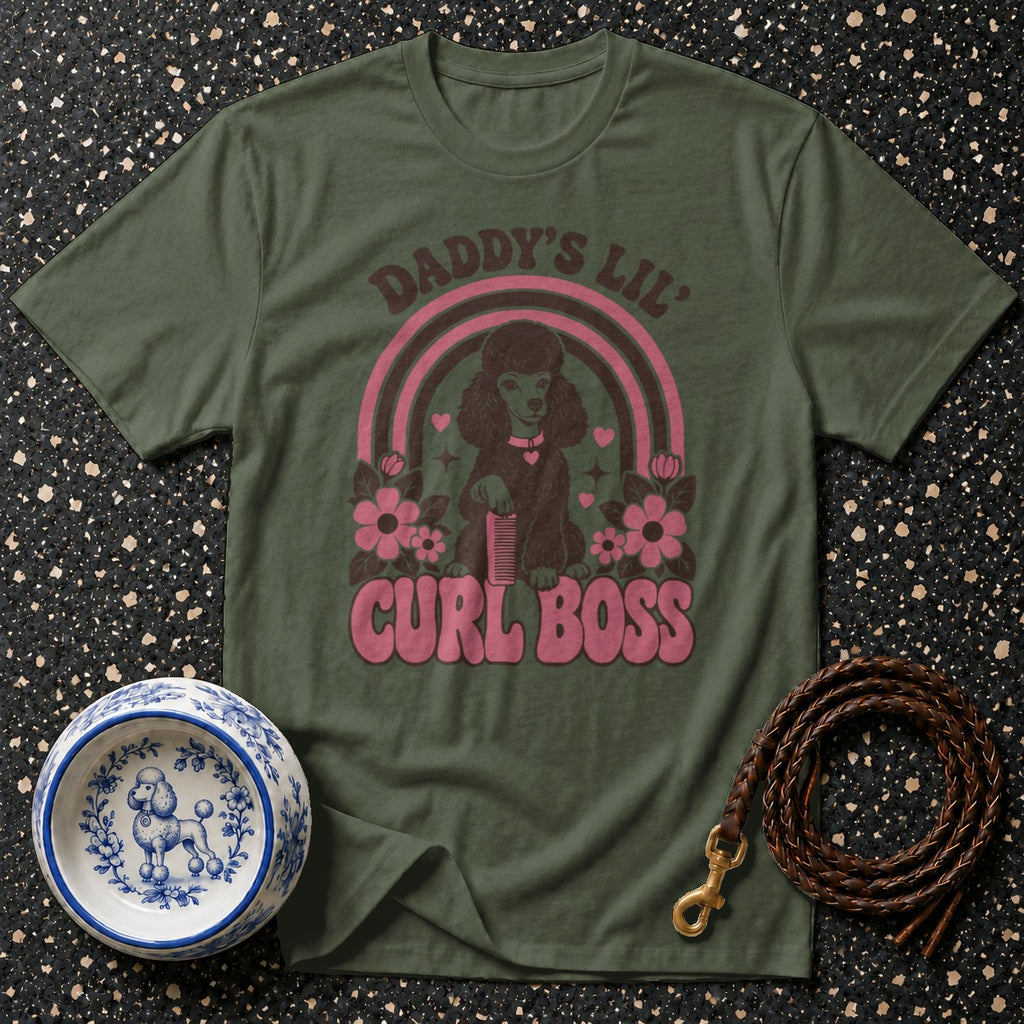 Green t-shirt with a poodle graphic and text "Daddy's Lil Curl Boss".