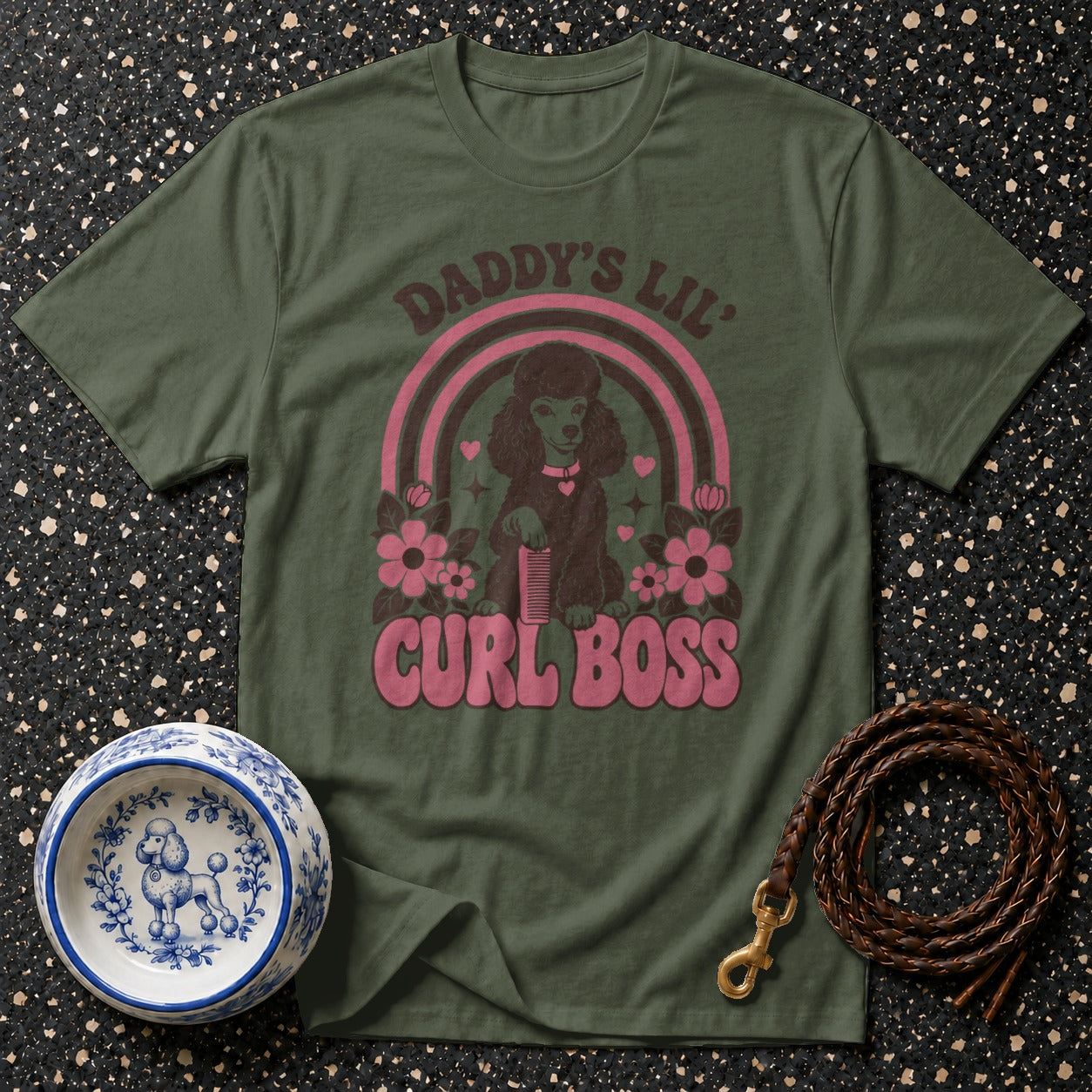 Green t-shirt with a poodle graphic and text "Daddy's Lil Curl Boss".