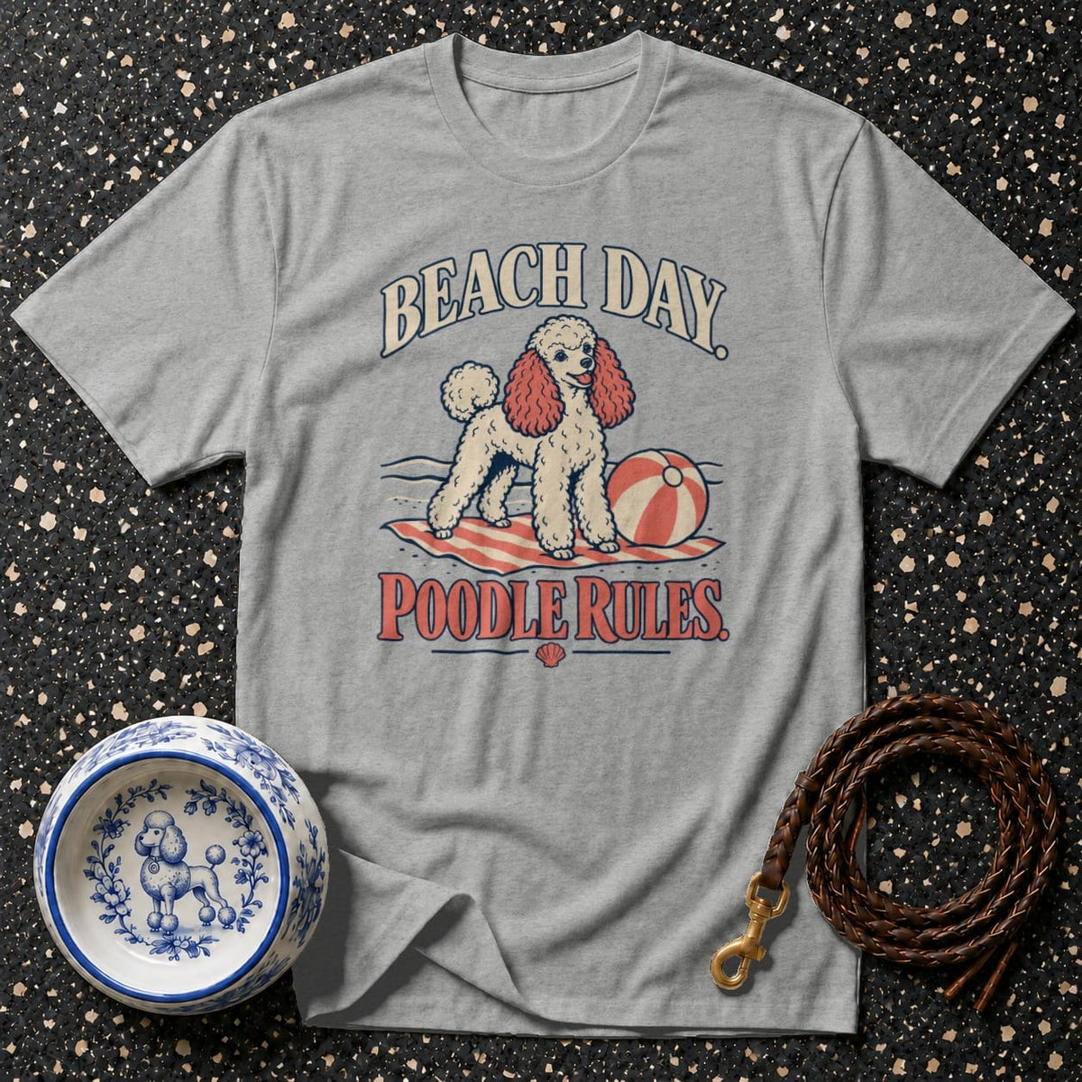 Grey t-shirt with "Beach Day Poodle Rules" graphic and a poodle illustration.