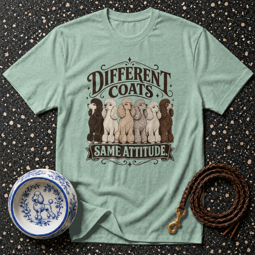 T-shirt with different colored poodles and text "DIFFERENT COATS SAME ATTITUDE"