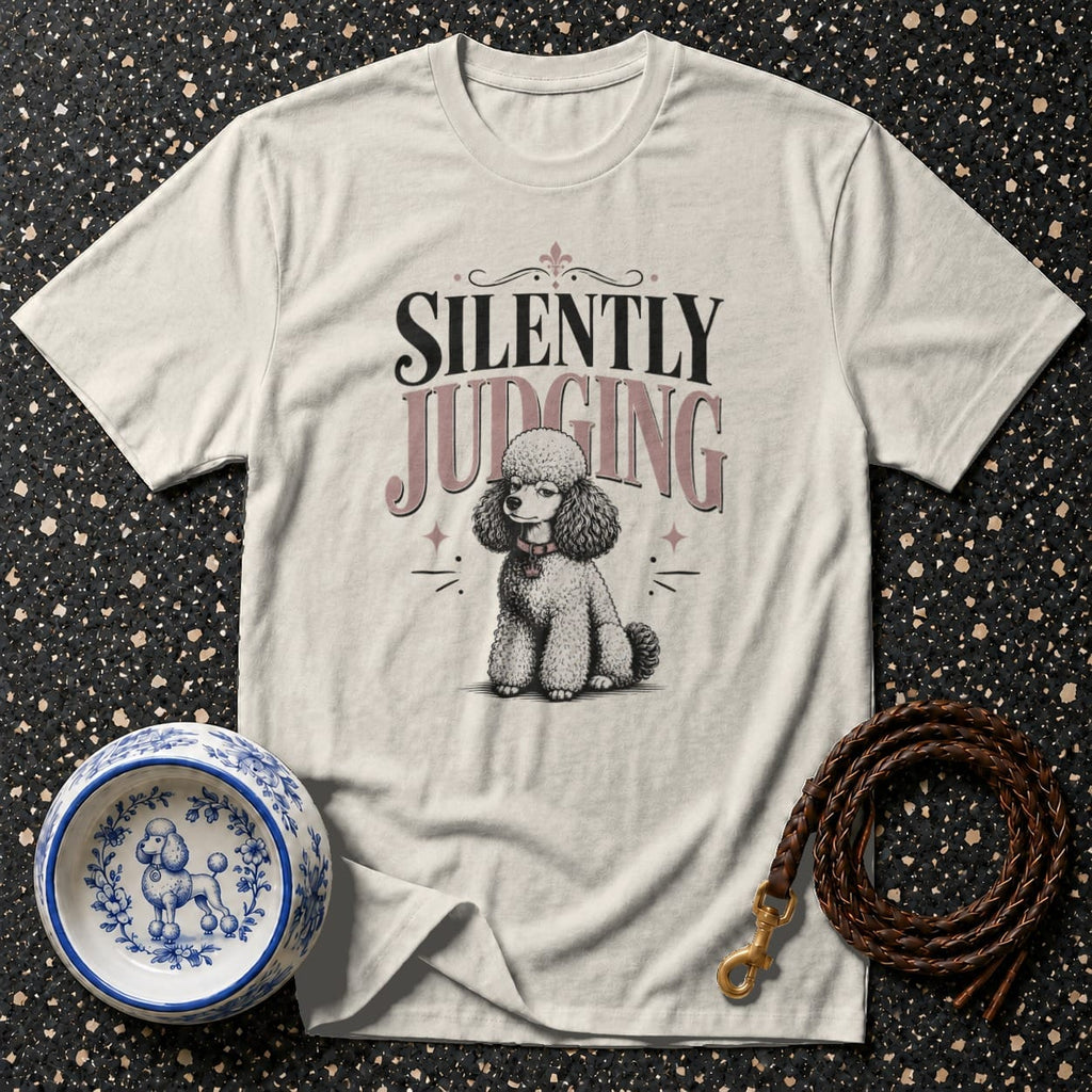 T-shirt with "Silently Judging" text and a poodle graphic, dog bowl, and leash.