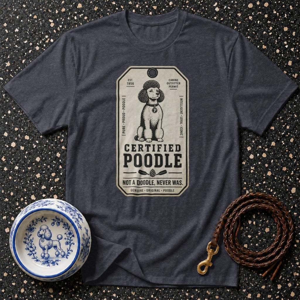 Dark grey T-shirt with "Certified Poodle" design and illustration.