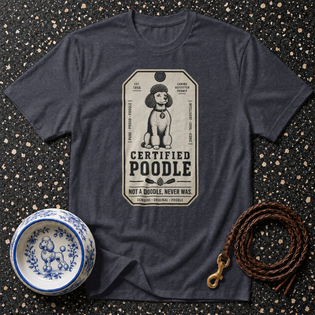 Dark grey T-shirt with "Certified Poodle" design and illustration.