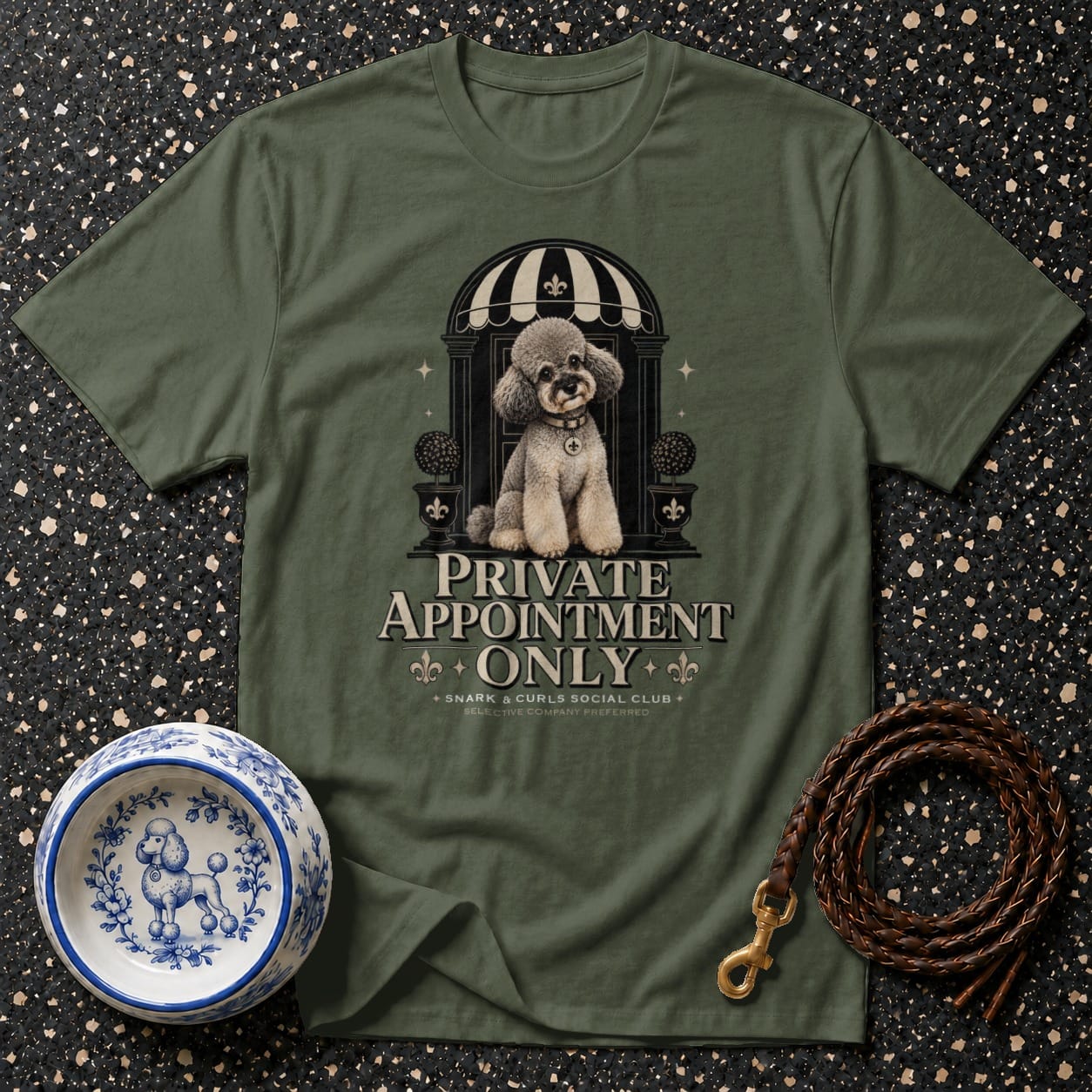 Olive t-shirt with "Private Appointment Only" text and a poodle illustration.