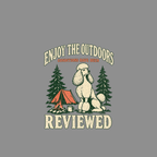 Poodle sits near tent and campfire with text "Enjoy the Outdoors Conditions Have Been Reviewed".