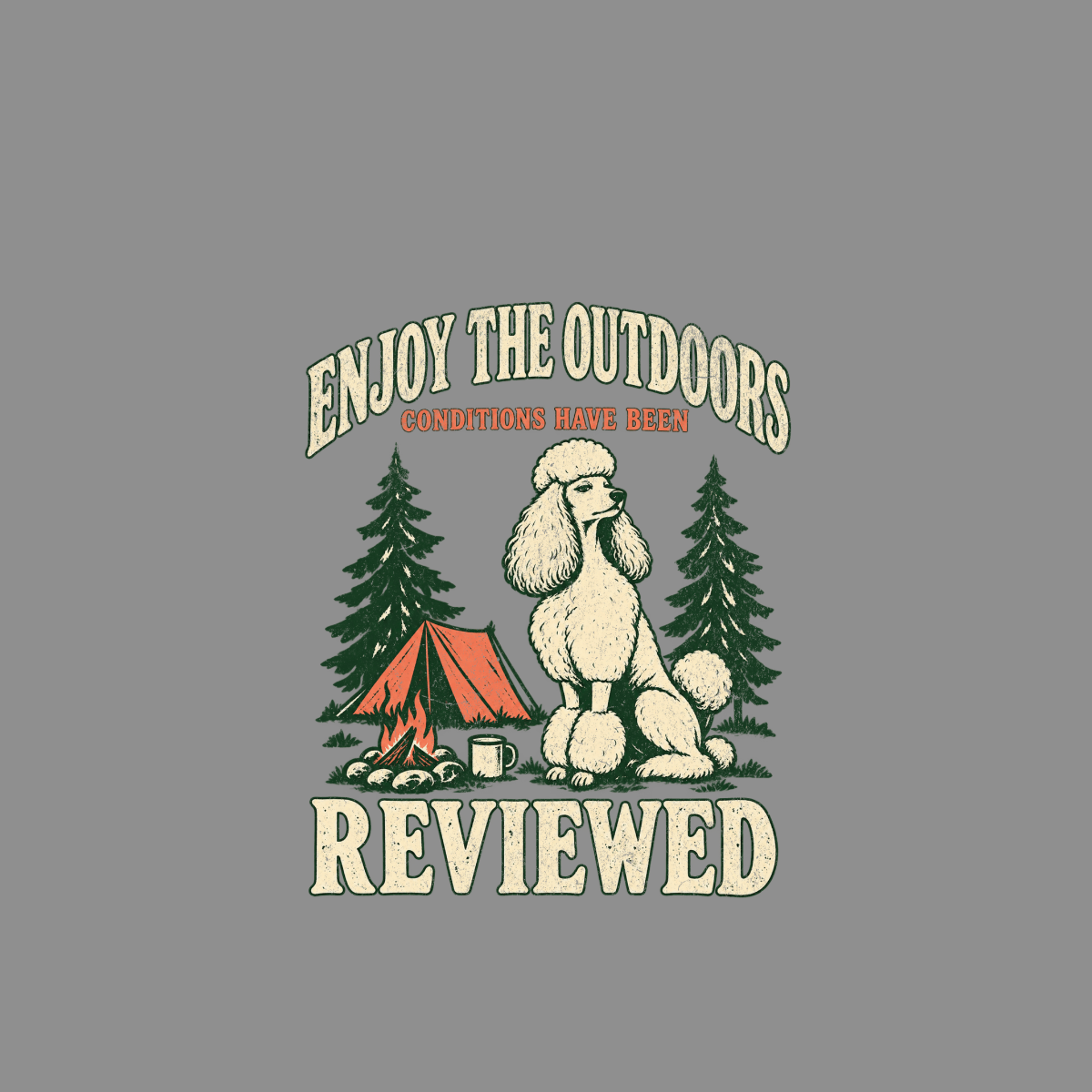Poodle sits near tent and campfire with text "Enjoy the Outdoors Conditions Have Been Reviewed".