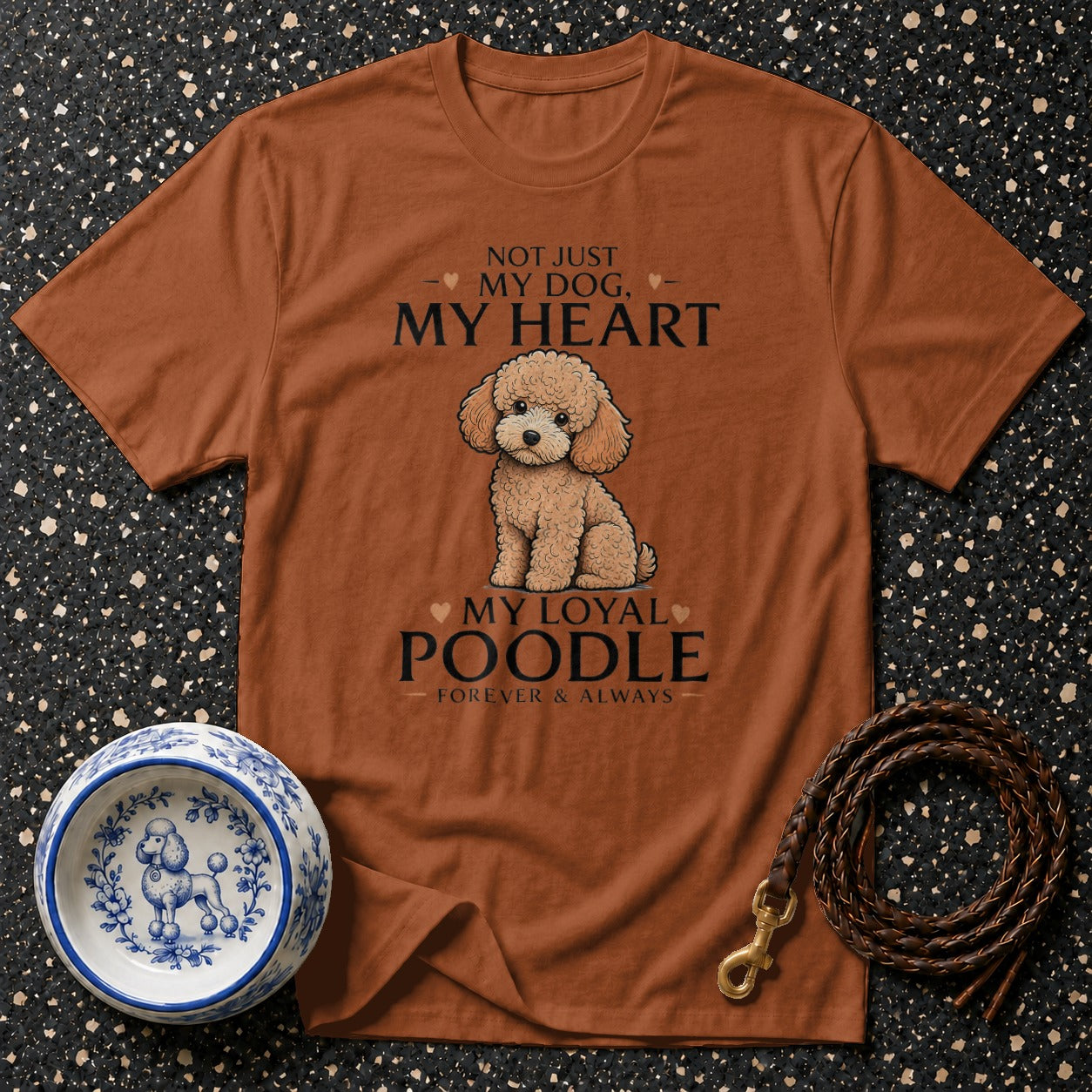 Brown t-shirt with "My Loyal Poodle" text and an illustration of a poodle.