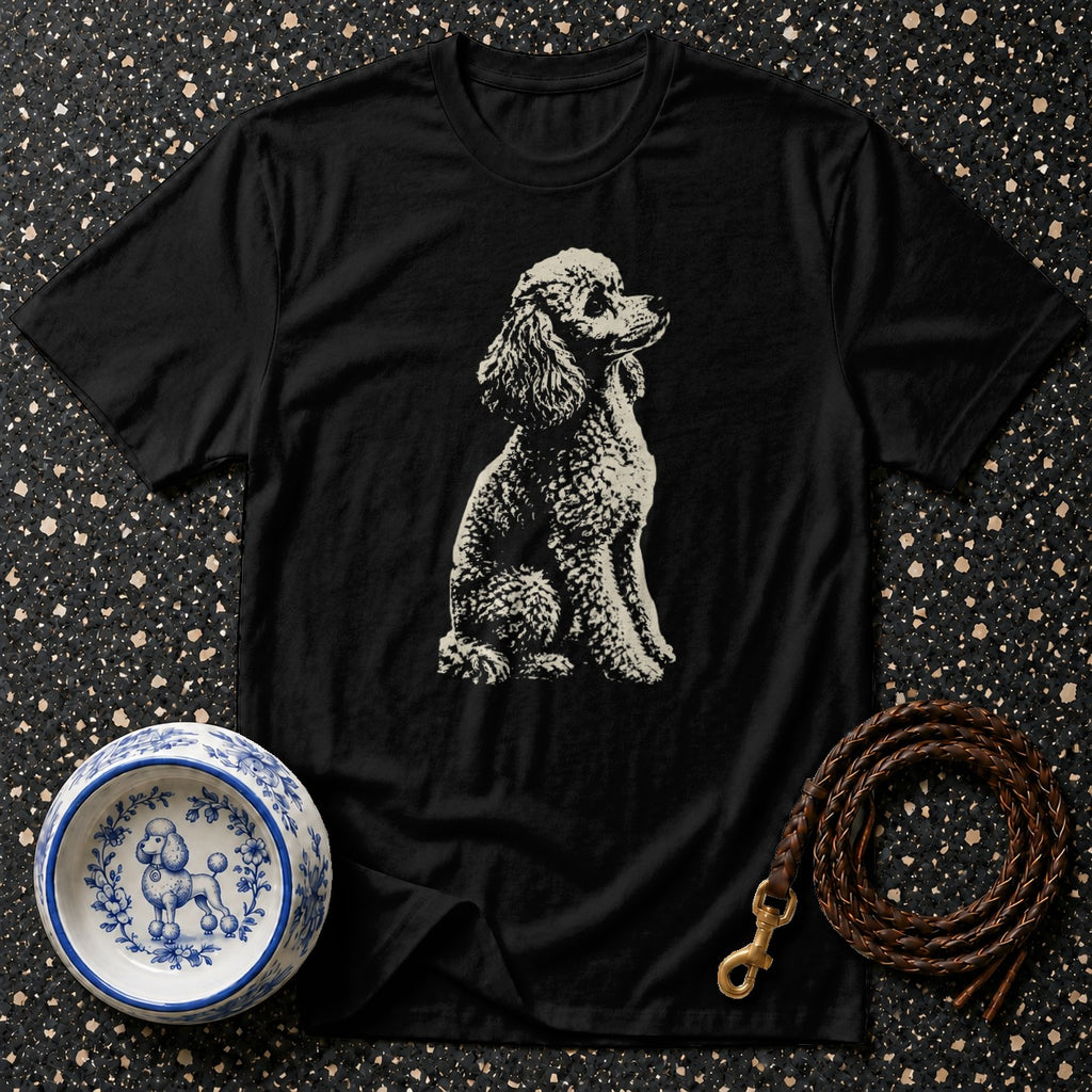 Black t-shirt with seated poodle graphic, blue and white dog bowl, and brown leather leash.