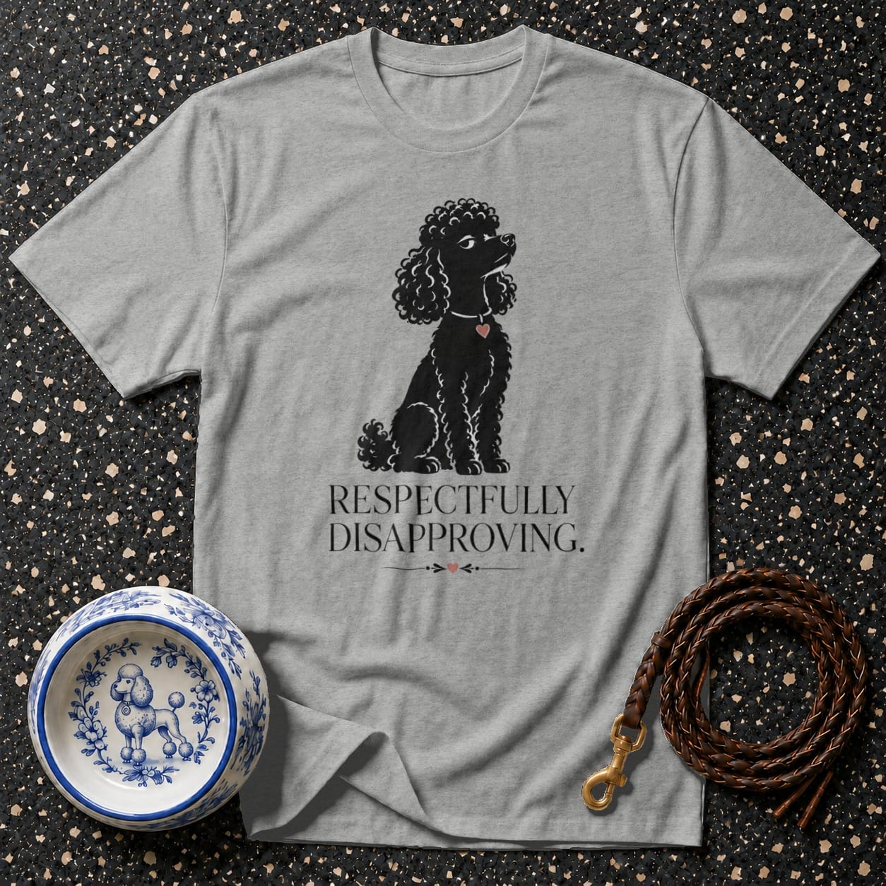 Grey t-shirt with black poodle graphic and "Respectfully Disapproving" text.