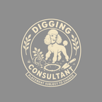 Poodle digging in dirt with shovel and plant, "Digging Consultant" emblem.