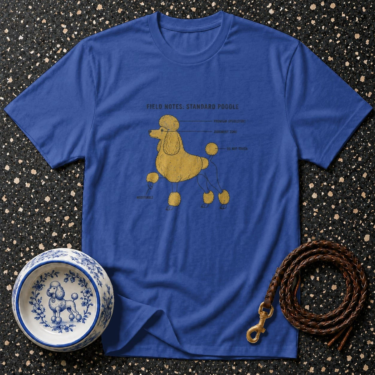 Blue t-shirt with yellow poodle diagram and text "Field Notes: Standard Poodle".