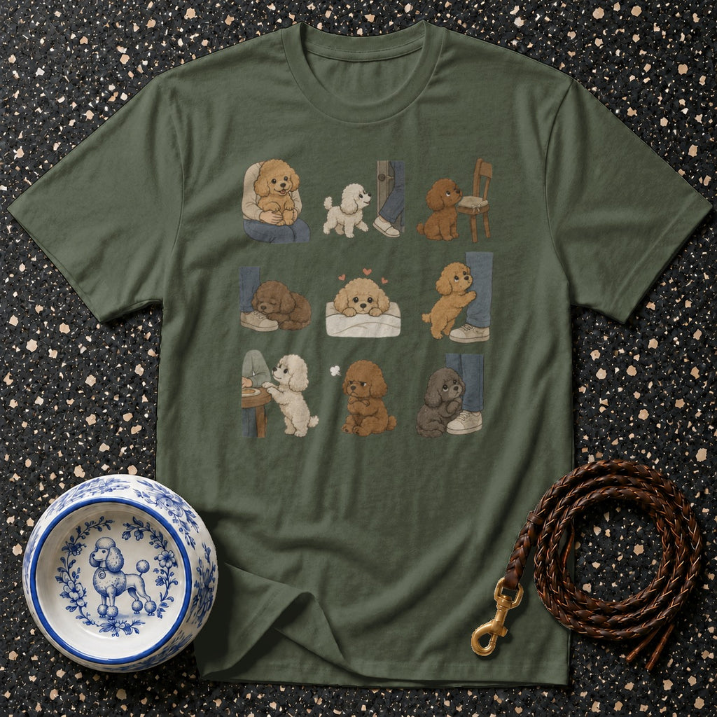 Olive green t-shirt with a grid of cartoon poodles in various poses.