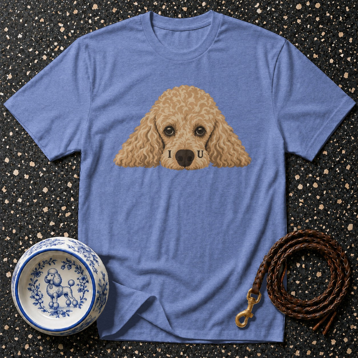 Blue t-shirt with a light brown poodle graphic and text "I U".