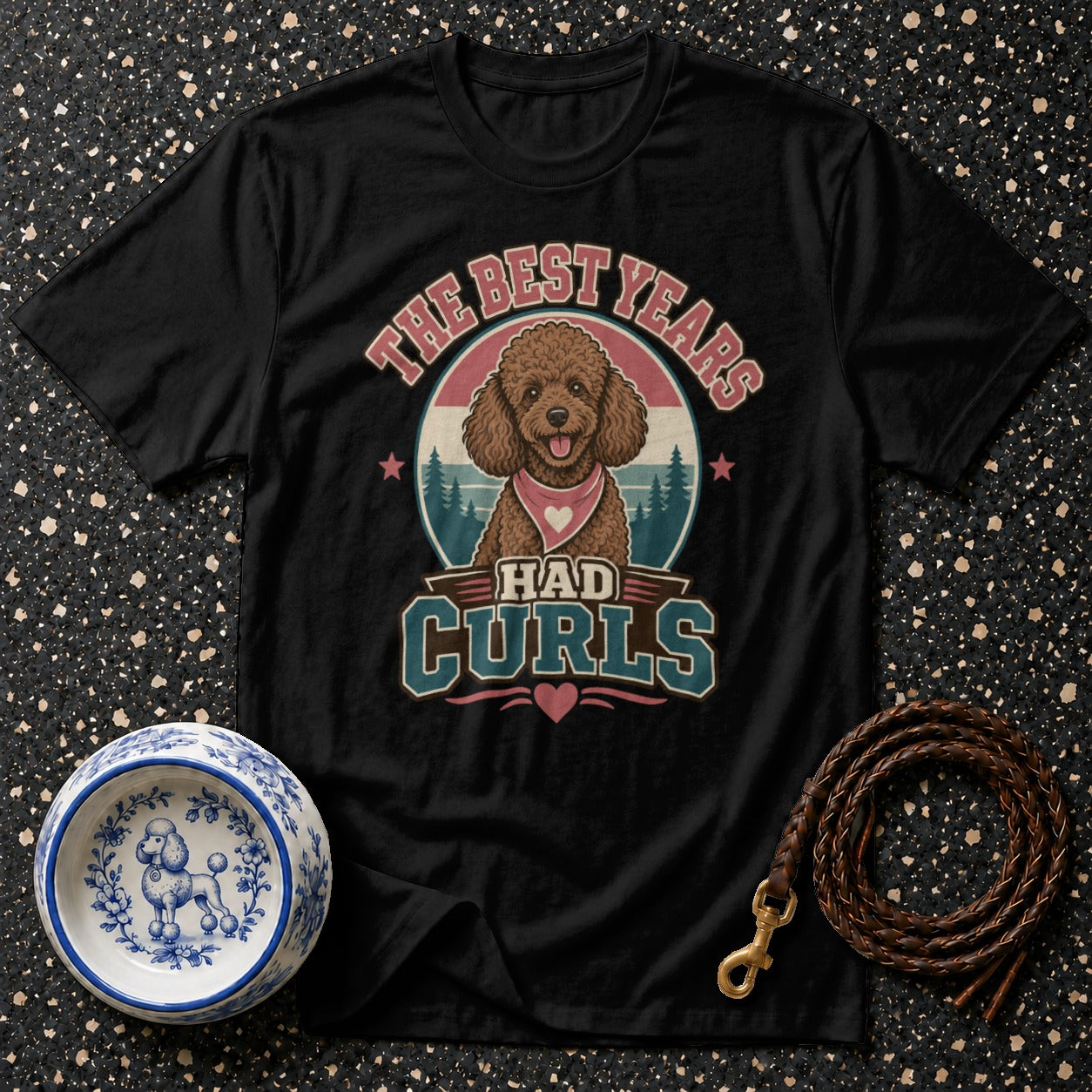 Black t-shirt with vintage poodle graphic and text "The Best Years Had Curls".