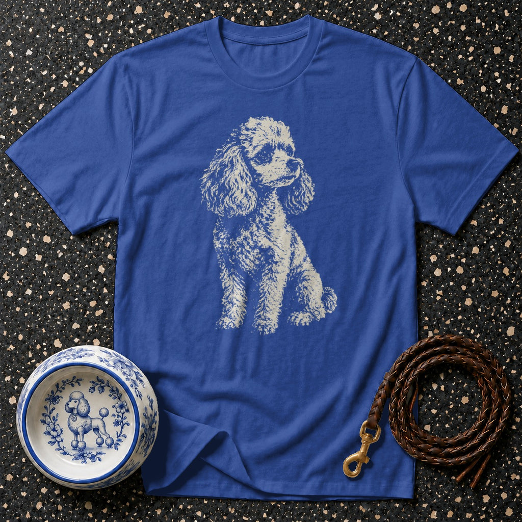 Blue t-shirt with white poodle graphic, blue and white dog bowl, and braided leather leash.