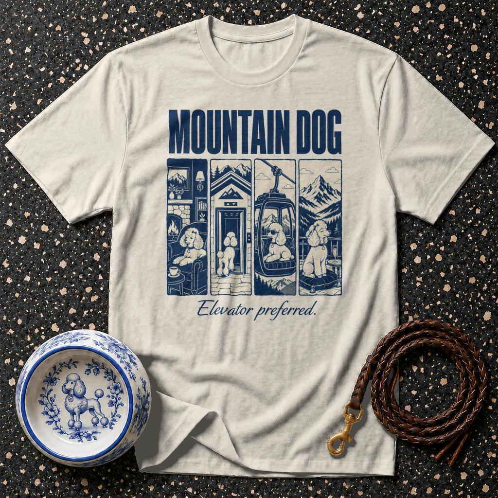 Light cream t-shirt with "MOUNTAIN DOG" text and poodle illustrations in four panels.