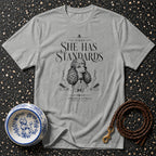 Grey t-shirt with poodle graphic and "Sorry, She Has Standards" text.