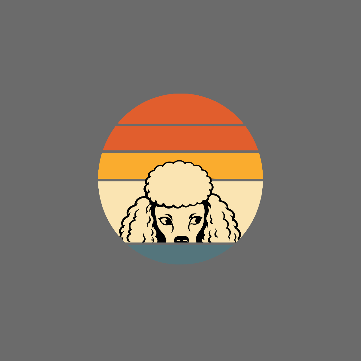Poodle face peeking over a retro sunset circle with orange and yellow stripes.