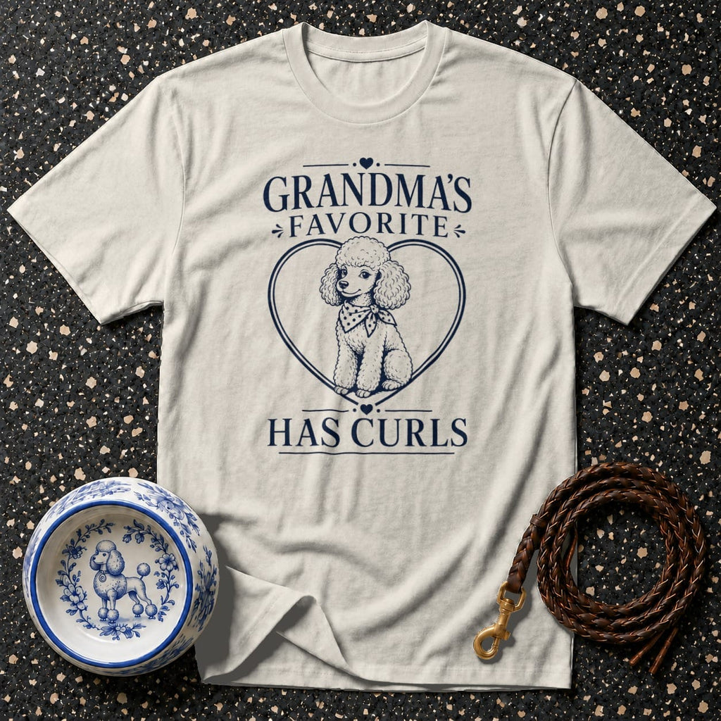 Light grey t-shirt with a poodle graphic and text "Grandma's Favorite Has Curls".