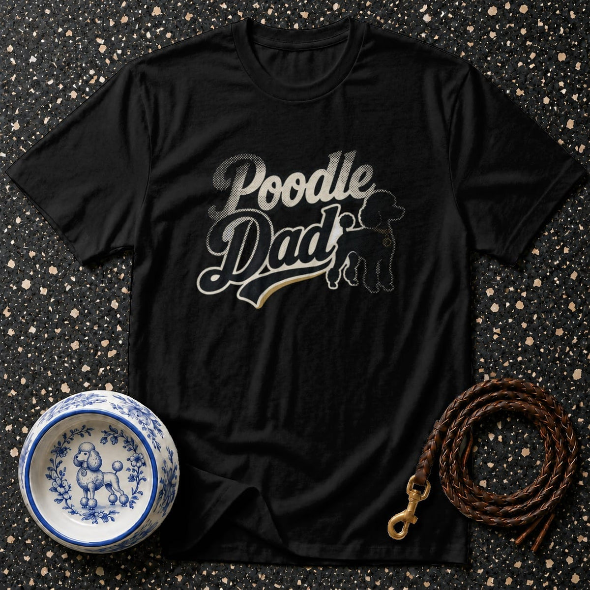 Black t-shirt with "Poodle Dad" text and poodle graphic.