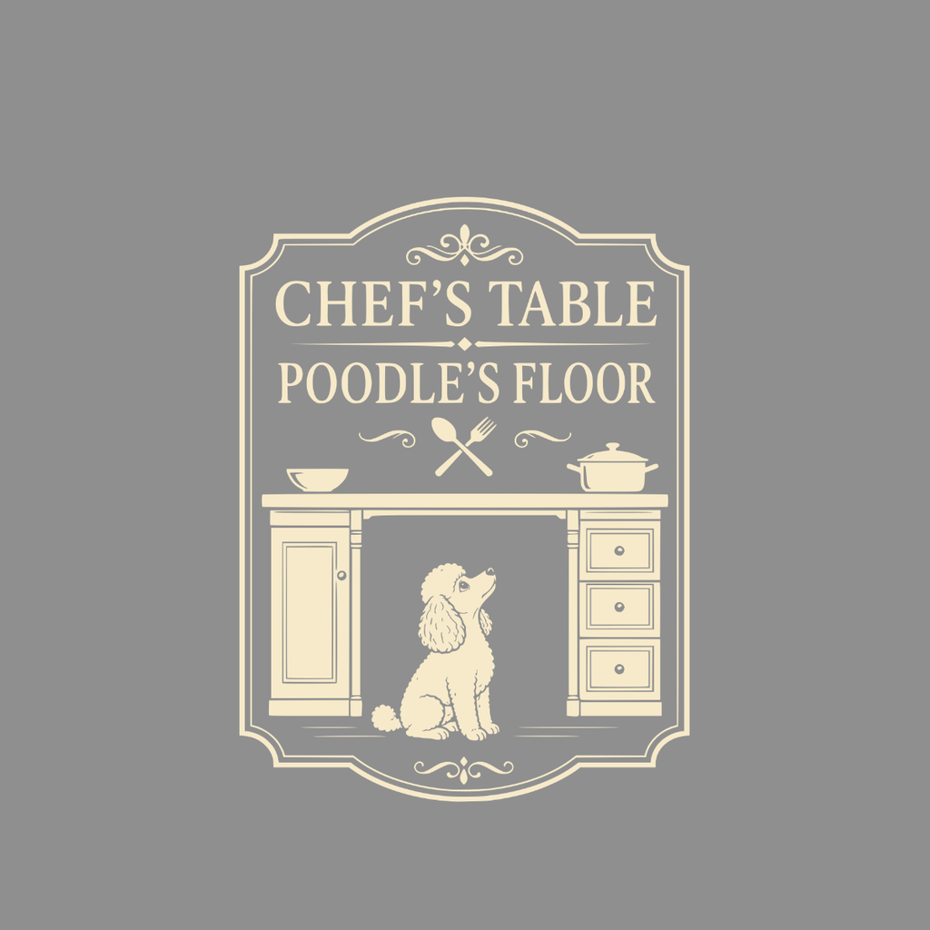 Chef's Table Poodle's Floor logo with poodle below kitchen counter.