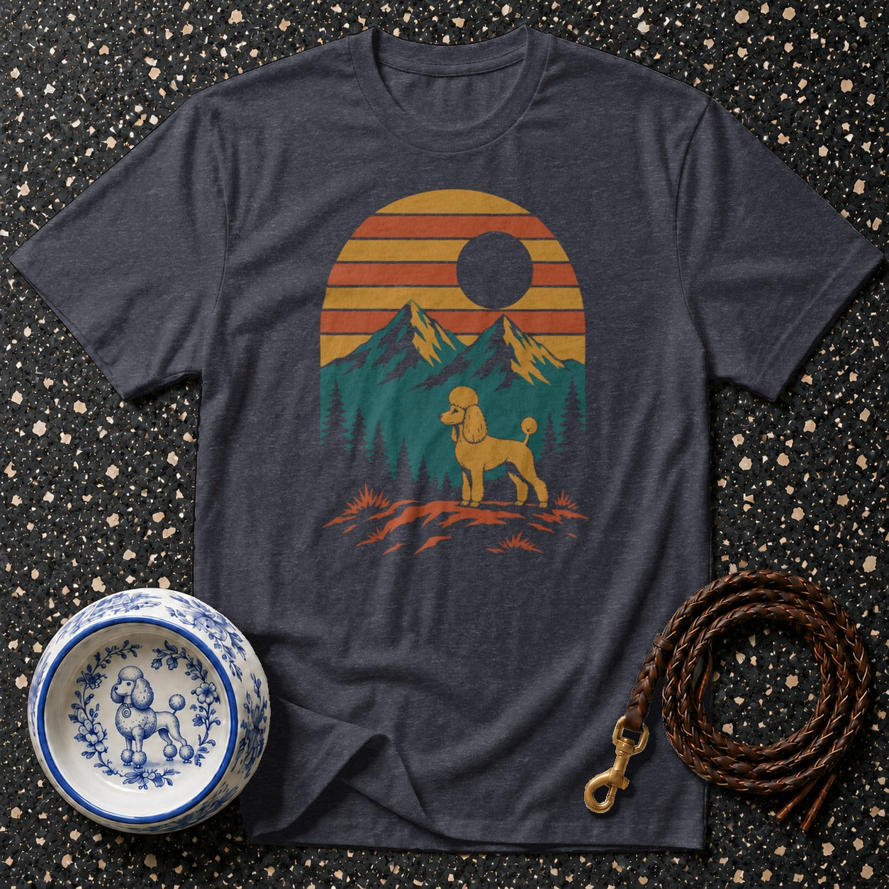 Dark grey t-shirt with vintage sunset mountain poodle graphic.