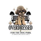 Poodle in sunglasses and bow tie sits on park bench with text "OVERDRESSED FOR THE DOG PARK".